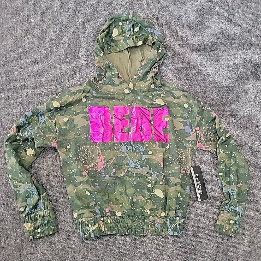 NEW Bebe EHoodie Sweatshirt Elastic Bebe Logo Size M (10/12) Y2K  Camo Paint